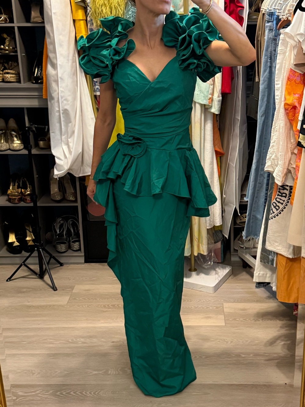 Vintage Statement Shoulder Green Ruffled Peplum Evening Dress